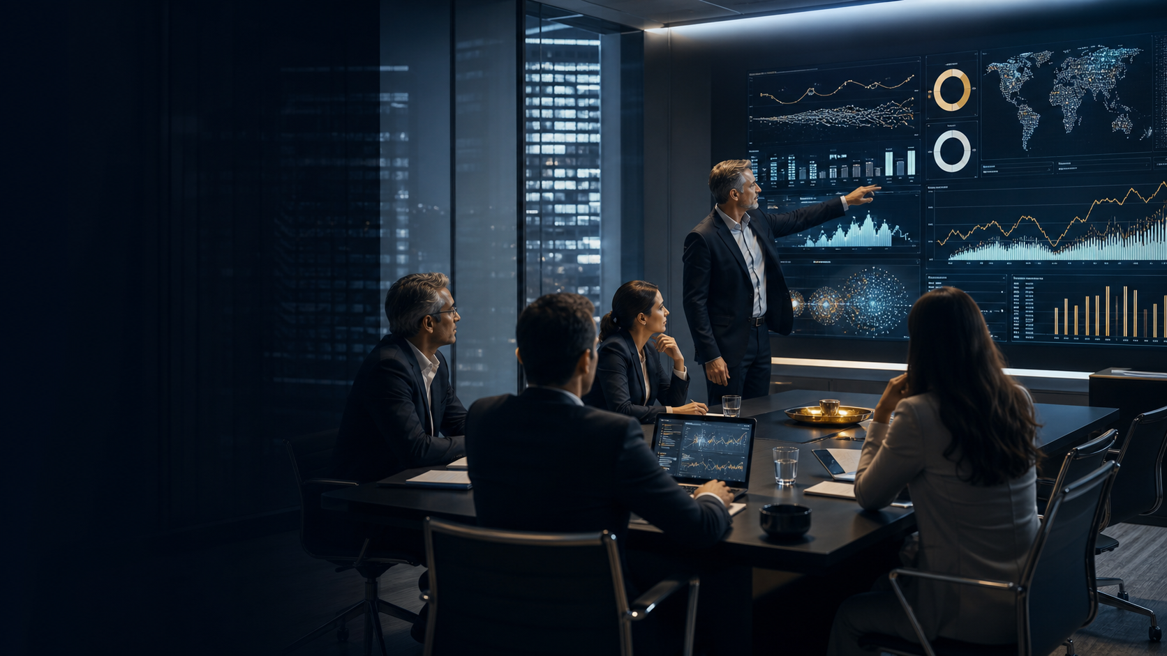 Executivos analisando painéis de dados em uma sala de reunião